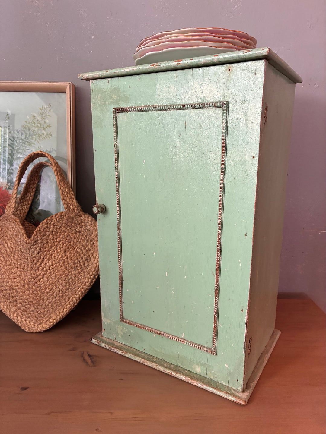 Small Green Wooden Cabinet - vintage with decorative beaded trim, distressed mint finish, perfect for spices.