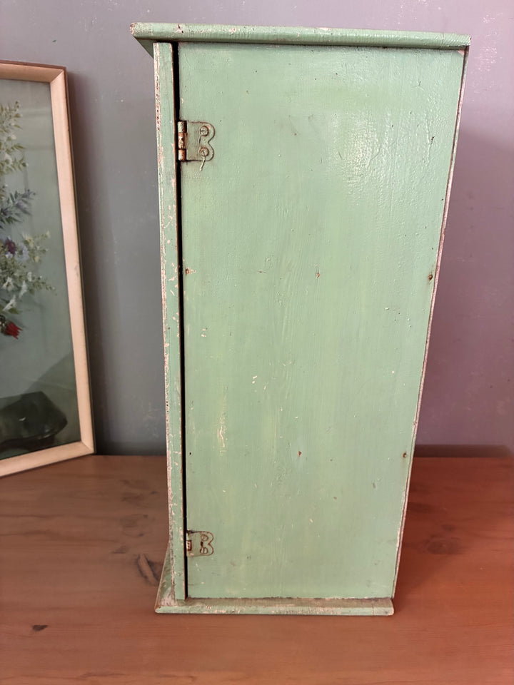 Small Green Wooden Cabinet - vintage with decorative trim and distressed mint finish, ideal for spice storage.