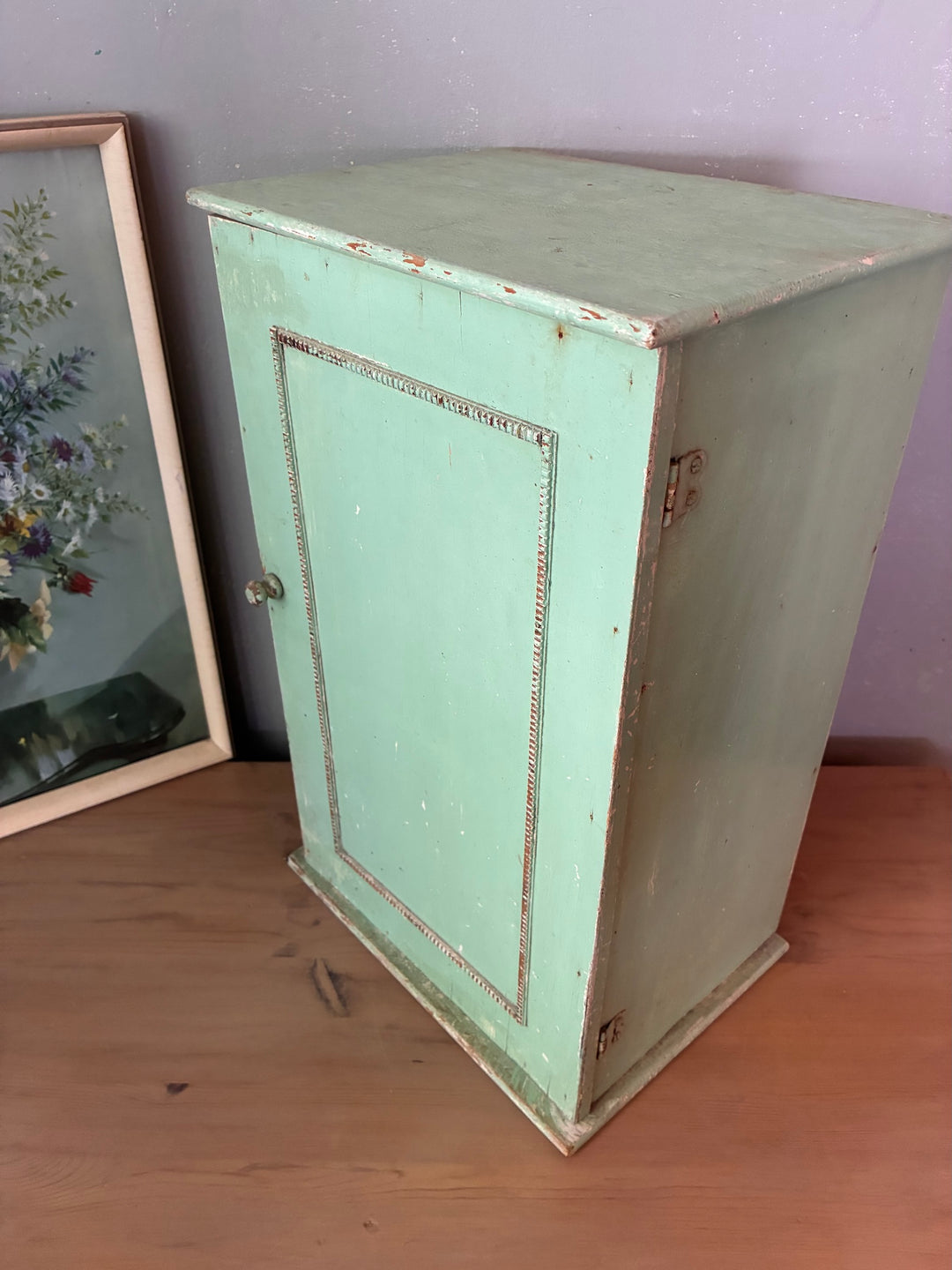 Small Green Wooden Cabinet - vintage with decorative beaded trim and weathered mint paint.