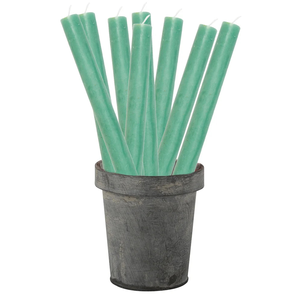 Set of three rustic sea green dinner candles in a vintage pot, perfect for enhancing home decor from Source for the Goose, Devon.