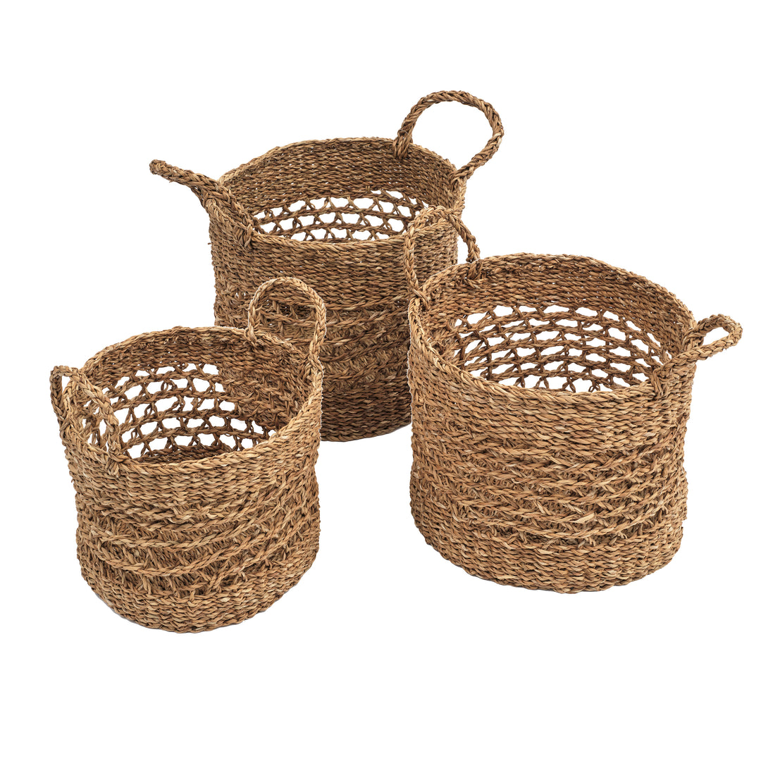 Round Seagrass Basket with Handles in three sizes, handwoven, perfect for stylish storage and home decor.