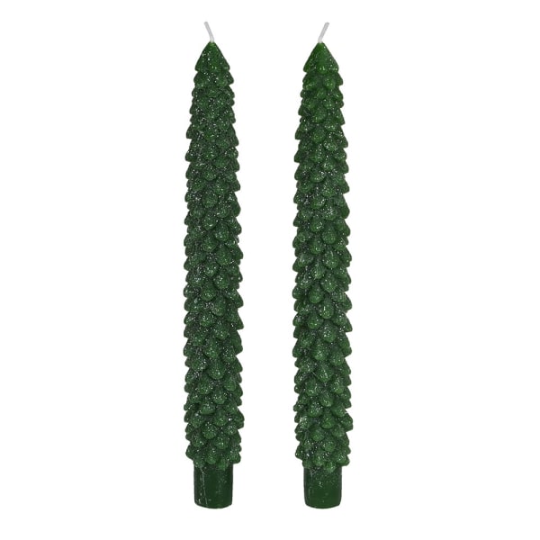 Set of Two Green Tree Dinner Candles in glittered green finish for Christmas table decor from Source for the Goose Devon.