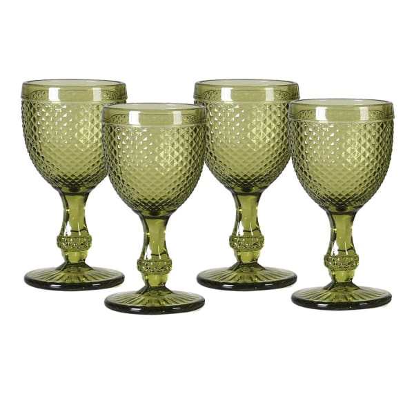Green Short Stemmed Wine Glass - Set of Four featuring a vintage-inspired design with textured glass and sturdy stems.
