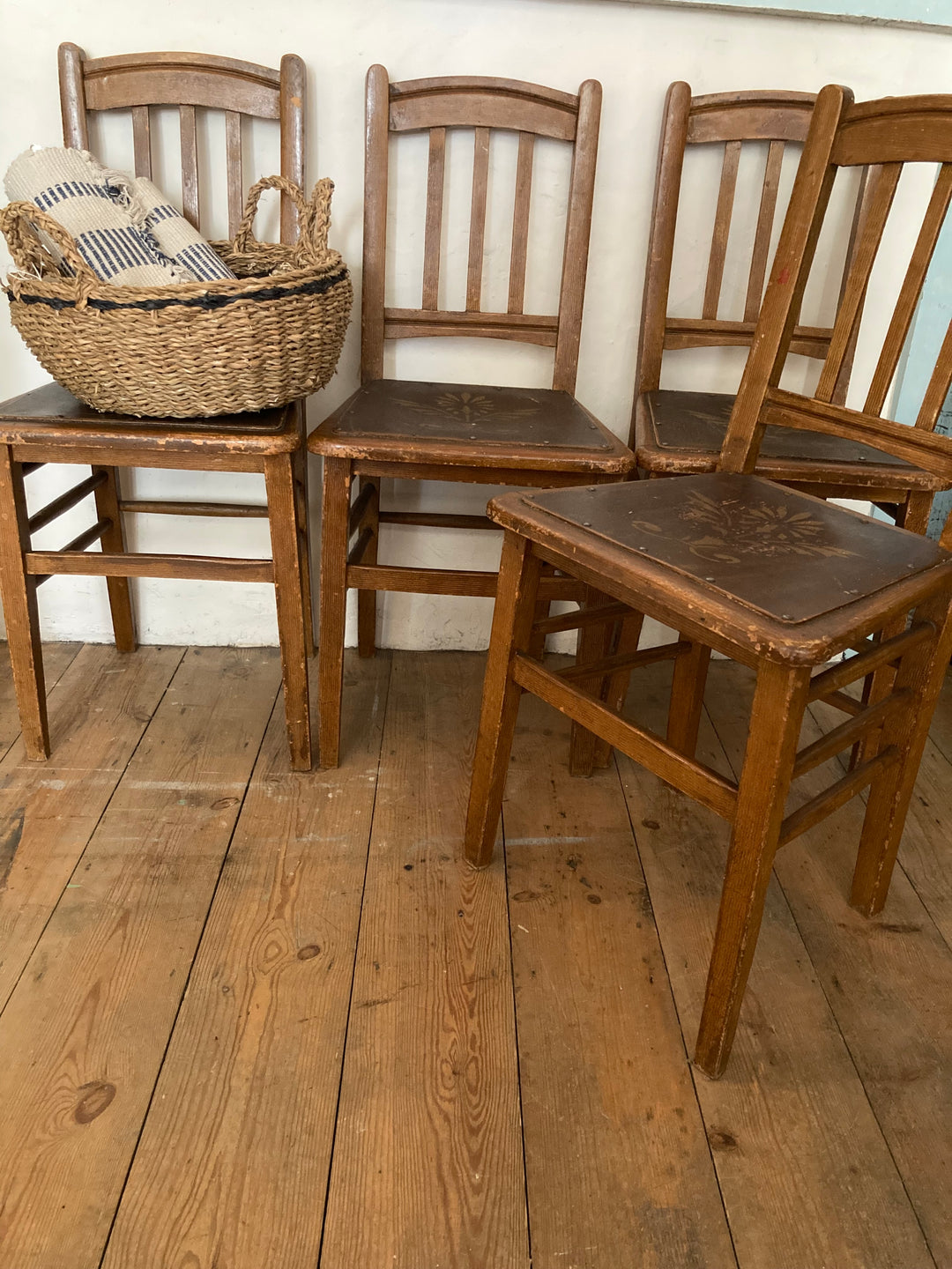 Scumble Painted Set of Four Victorian Dining Chairs with rustic jute basket