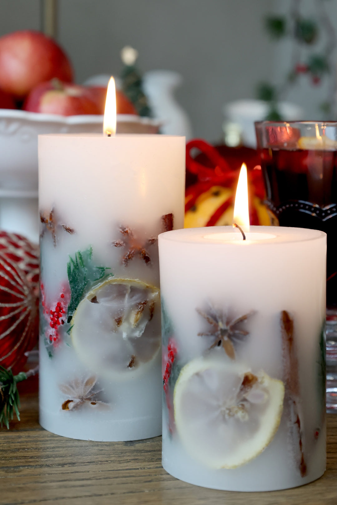 Christmas Spice Pillar Candles with aromatic spices and greenery, perfect for festive décor from Source for the Goose, Devon.