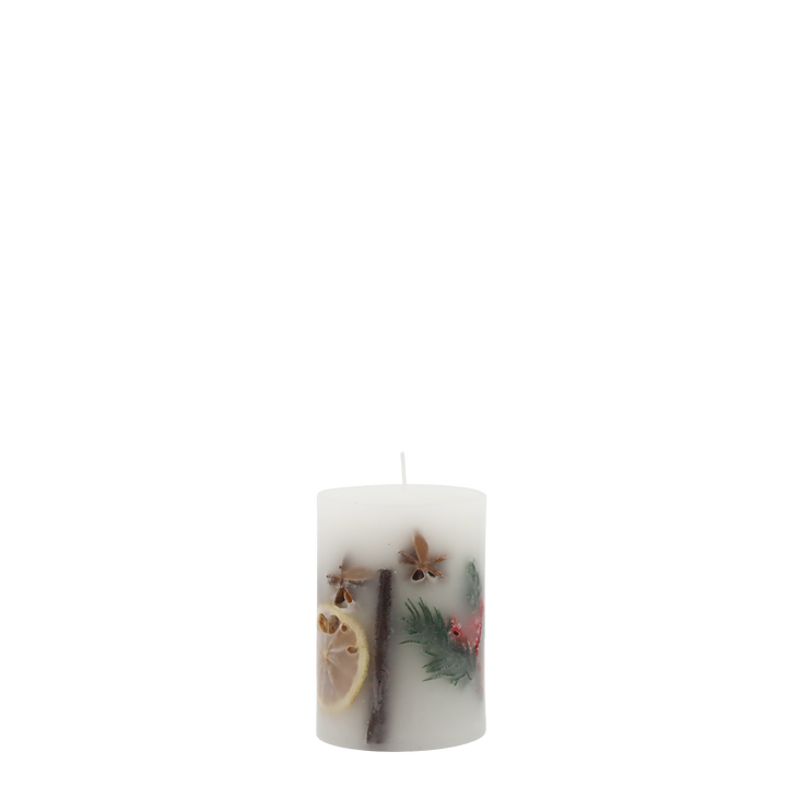 Christmas Spice Pillar Candle with spices and greenery, perfect for holiday décor from Source for the Goose, Devon.