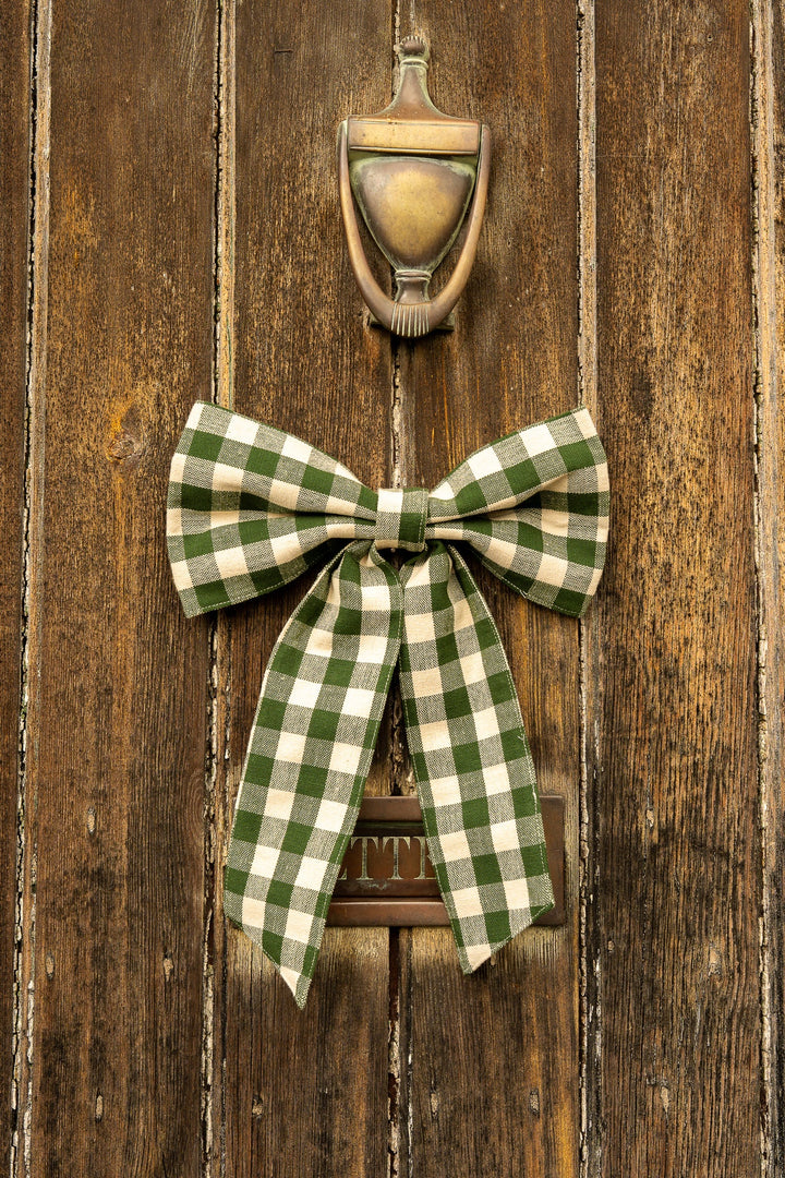 Small Gingham Bow - Two Colours on a wooden door, showcasing vintage style and cottage core charm.
