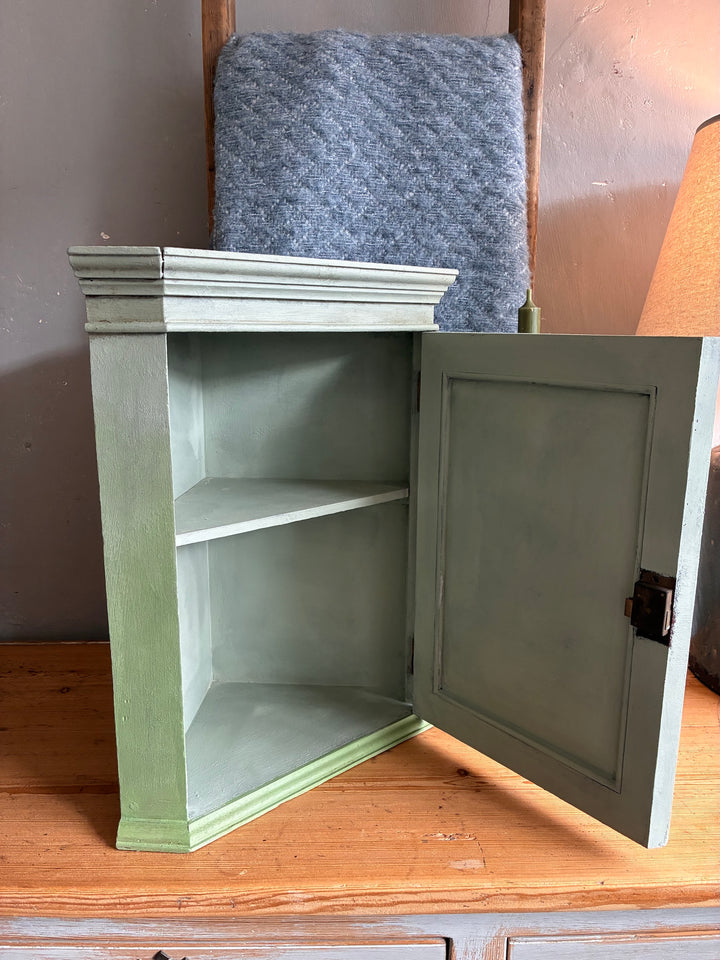 Small Vintage Green Painted Wall Cupboard with open door and removable shelf, from Source for the Goose, Devon.