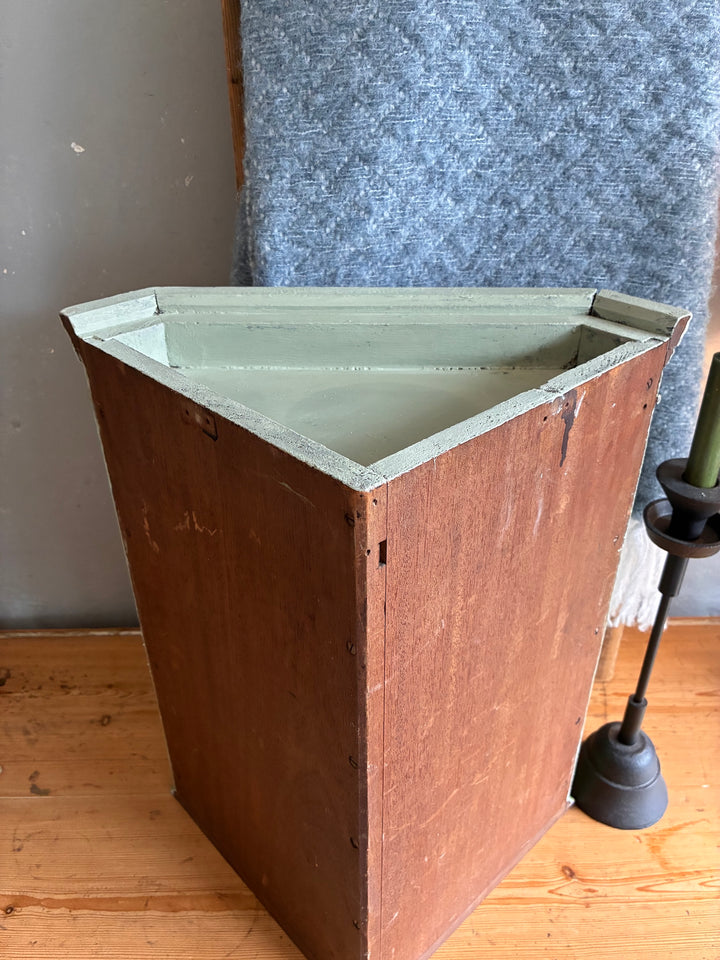 Small Vintage Green Painted Wall Cupboard with charming corner design and vintage patina from Source for the Goose Devon.