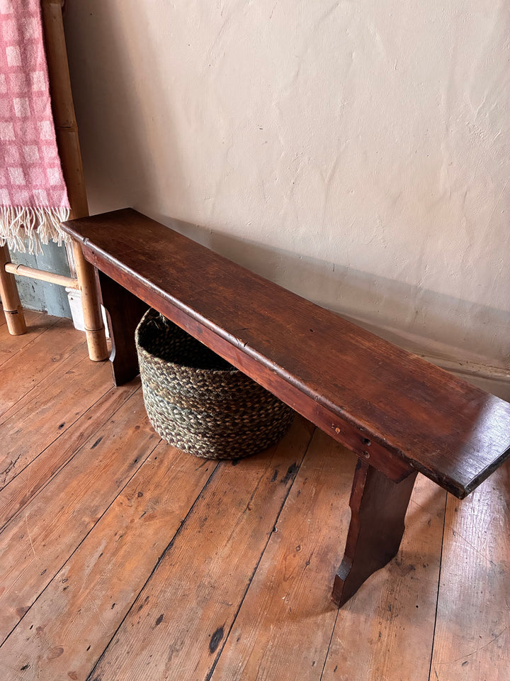 Small Antique Pine Bench with dark brown finish, ideal for hallways, featuring storage underneath, from Source for the Goose Devon.