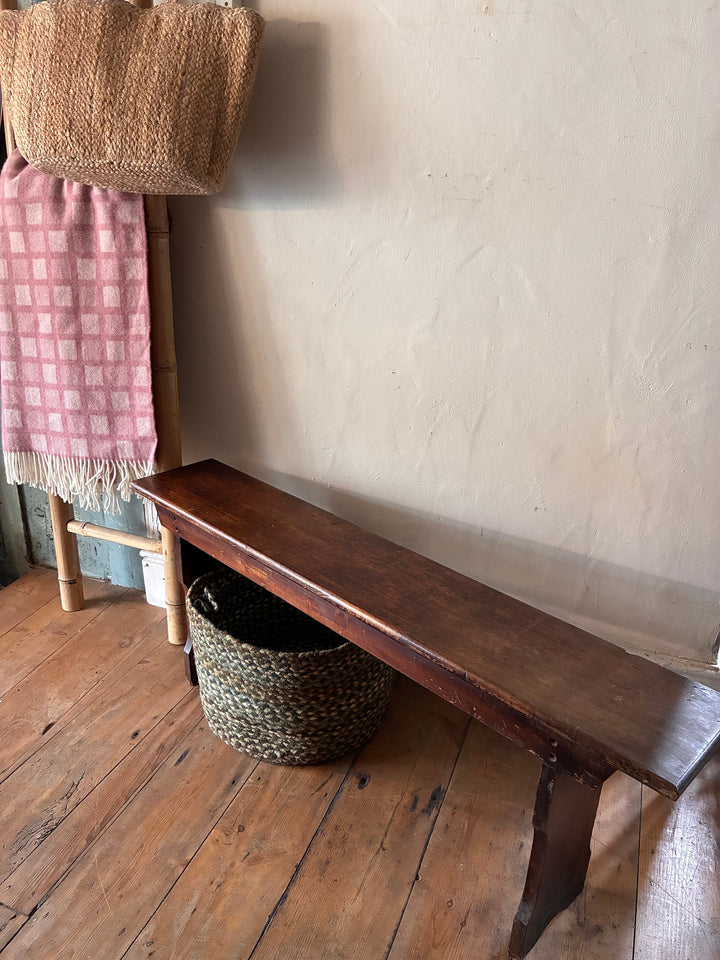 Small Antique Pine Bench with dark brown finish, ideal for storage and seating in tight spaces – Source for the Goose Devon.