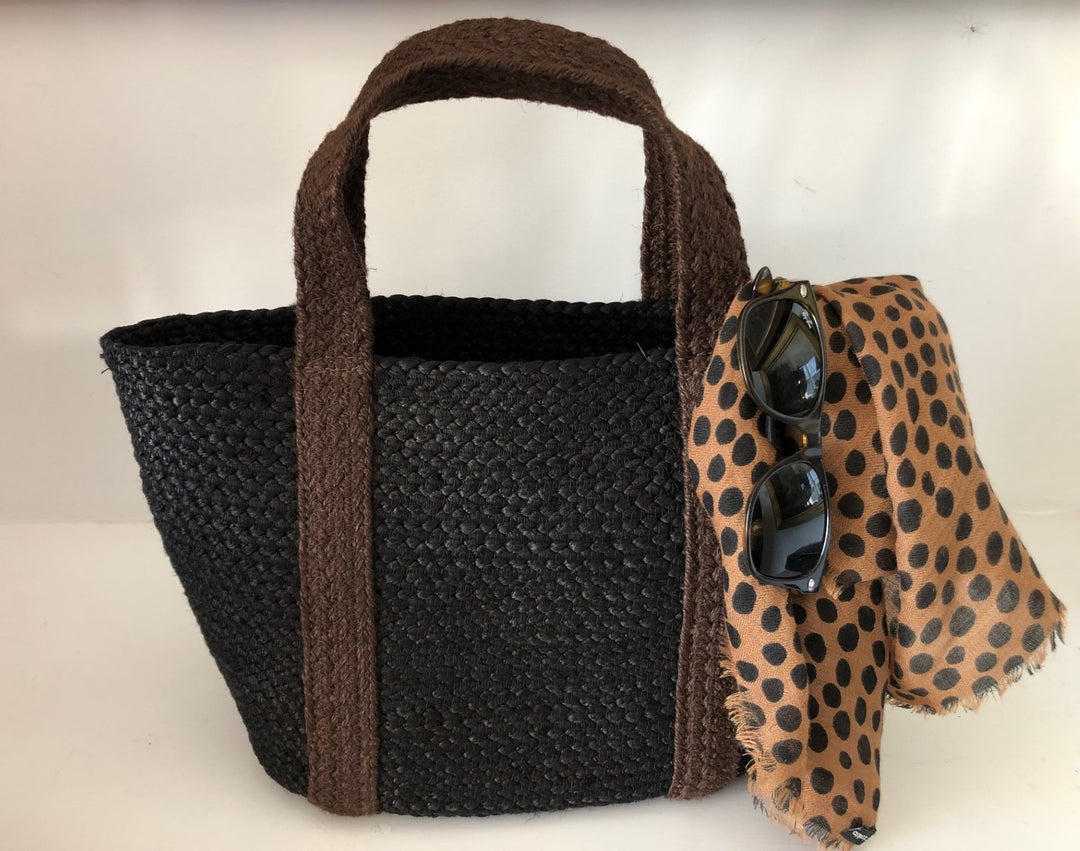 Short Handled  Black and Tan Jute Tote Bag