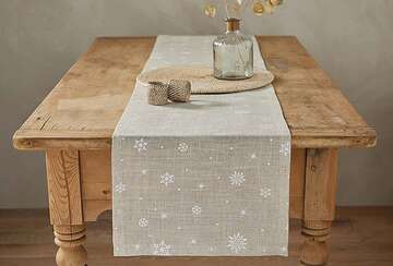 Snowflake Table Runner on top of a pine table