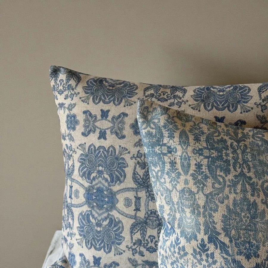 Softspell Wedgewood Blue Linen Mix Cushion showcasing blue floral pattern on a neutral base.
