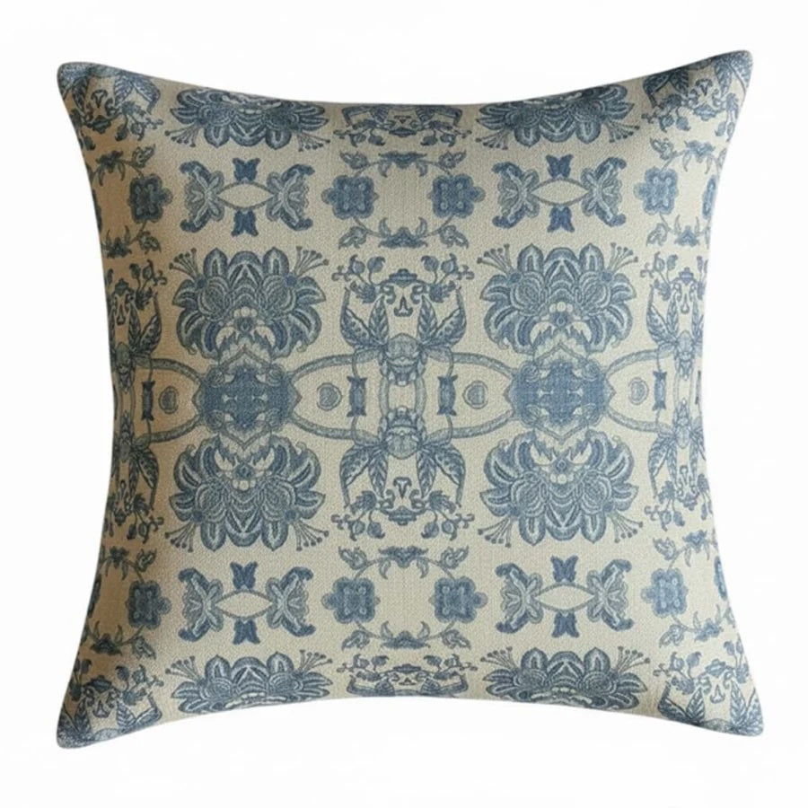 Softspell Wedgewood Blue Linen Mix Cushion featuring a hand-blocked blue floral pattern on a linen-toned base.