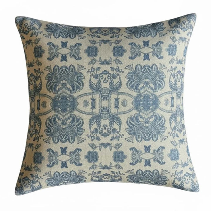 Softspell Wedgewood Blue Linen Mix Cushion featuring a hand-blocked blue floral pattern on a linen-toned base.
