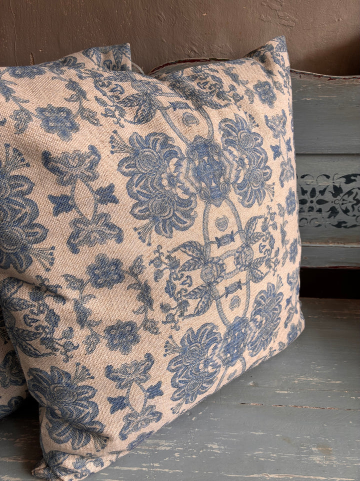 Softspell Wedgewood Blue Linen Mix Cushion with blue floral pattern on a natural linen base, perfect for vintage interiors.