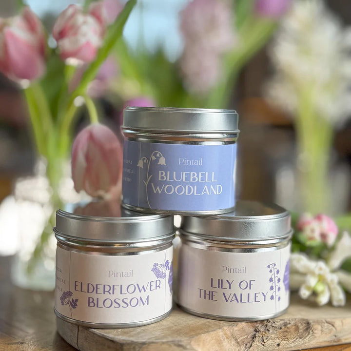 selection of Spring scented candles by Pintail including Elderflower Blossom, Bluebell Woodland and Lily of the Valley