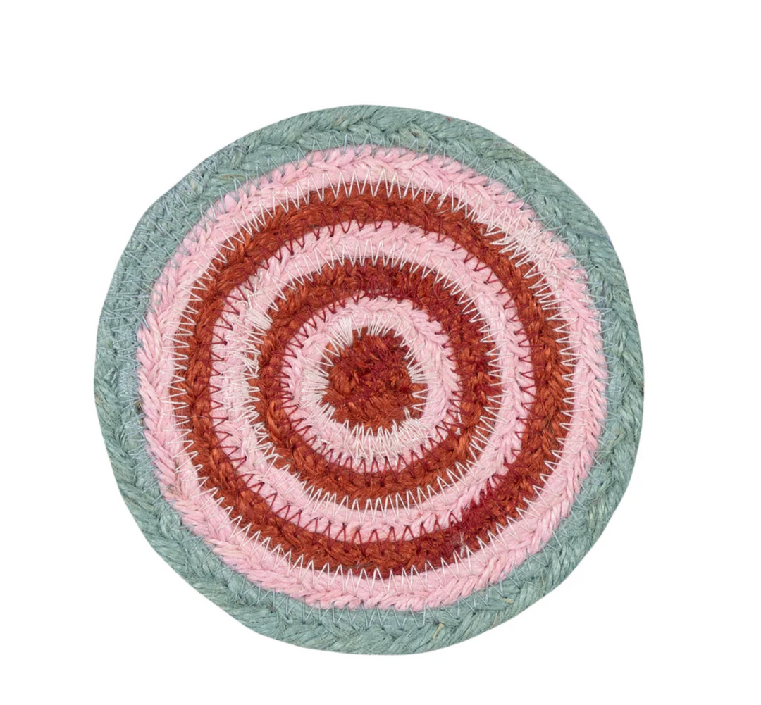 Set of Six Jute Coasters - Strawberry Tulip in vibrant pink and turquoise colors.