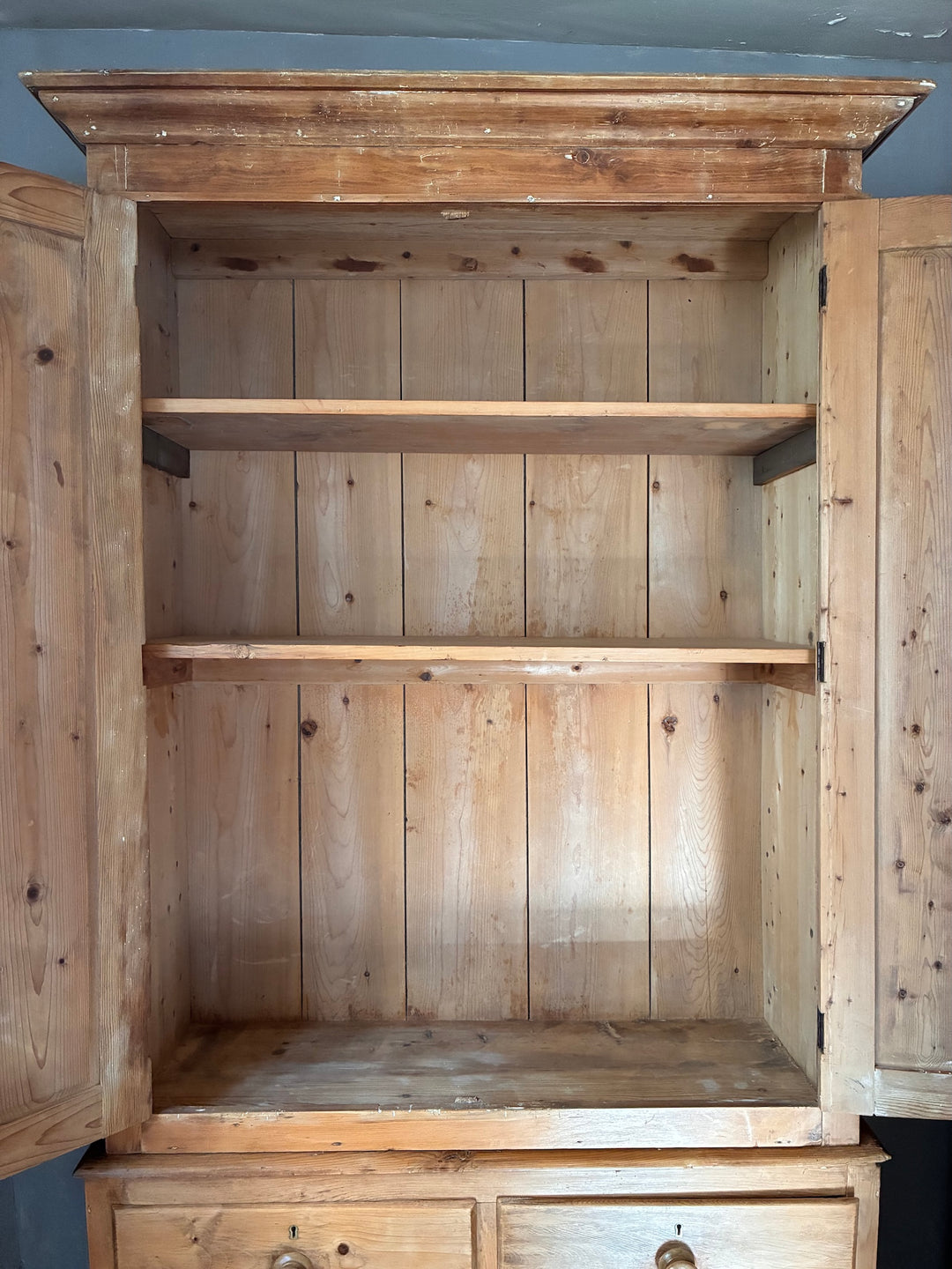 Victorian Stripped Pine Linen Cupboard interior with two shelves and wooden interior from Source for the Goose Devon.