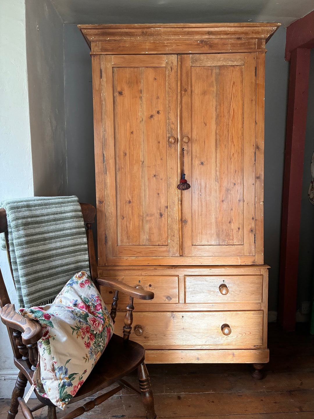 Victorian Stripped Pine Linen Cupboard with two shelves and drawers, by Source for the Goose Devon.