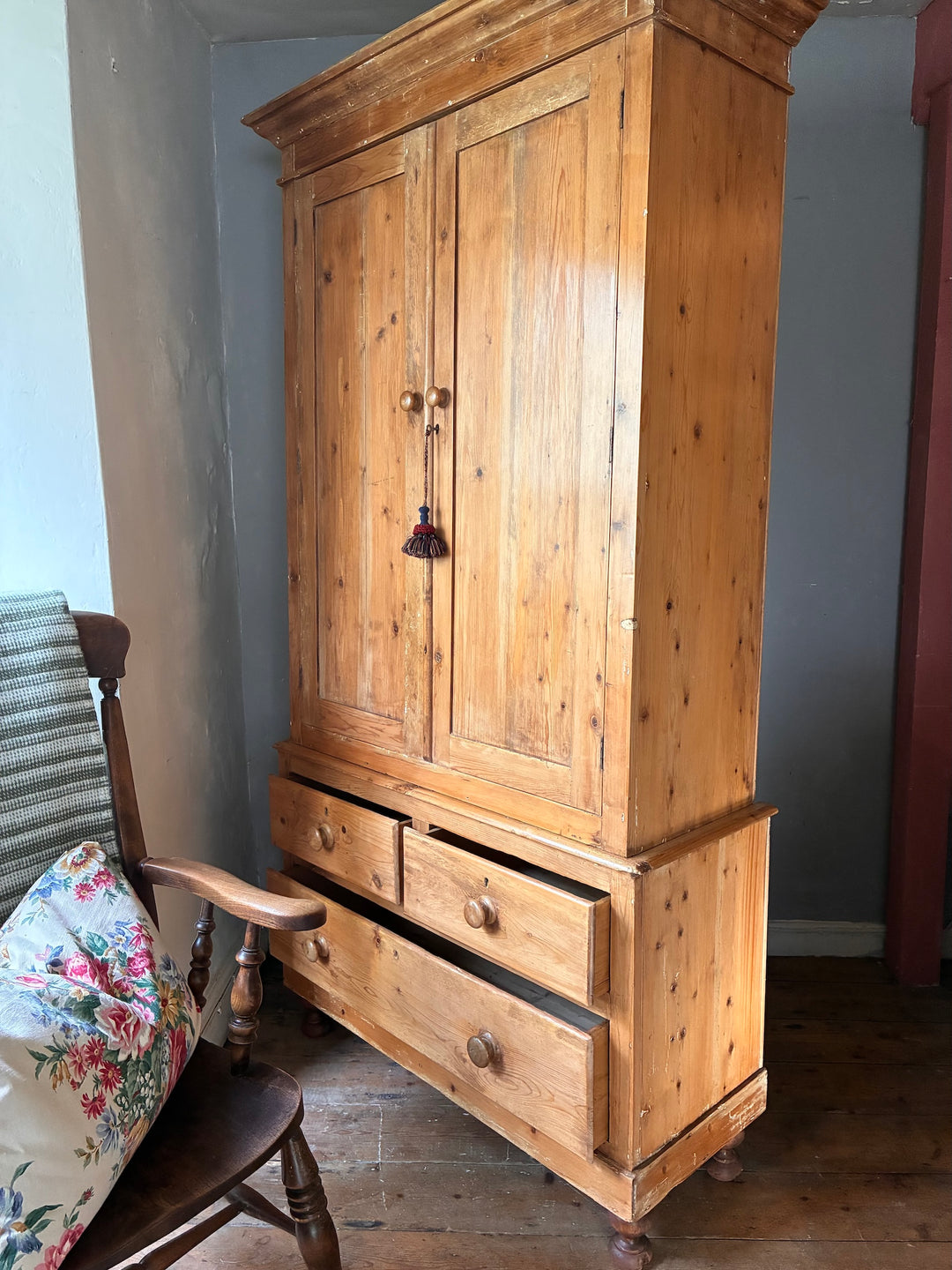 Victorian Stripped Pine Linen Cupboard with two shelves and three drawers for storage, Source for the Goose Devon.