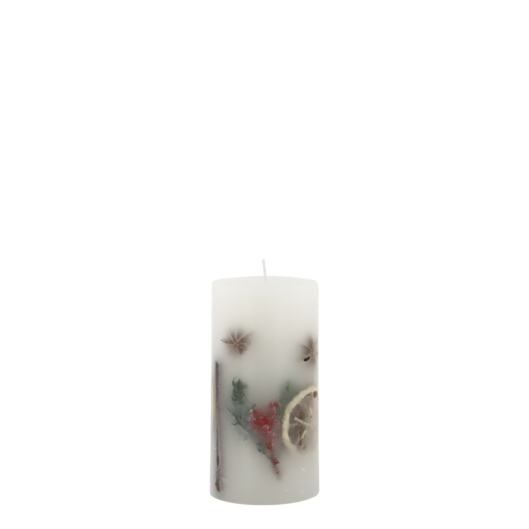 Christmas Spice Pillar Candle with spices and greenery, perfect for festive décor from Source for the Goose, Devon.