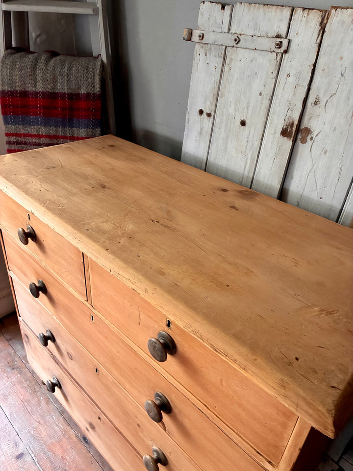 Tall Rustic Antique Pine Chest of Drawers showcasing warm wood tones and original knobs.