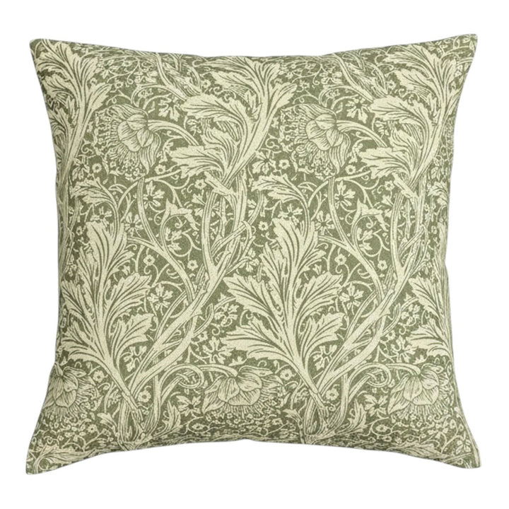 Tanglewood Green Hand Block Print Cushion with floral design on neutral background by Source for the Goose, Devon.