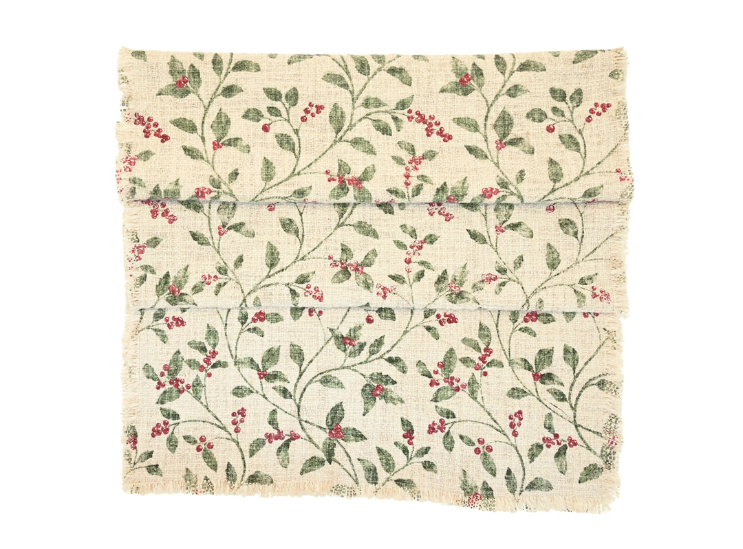 Trailing Berry Christmas Table Runner - Slub Cotton in festive berry and leaf design, perfect for holiday dining from Source for the Goose Devon.