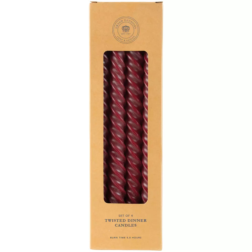 Set of four twisted plum red dinner candles in elegant packaging from Source for the Goose, Devon.