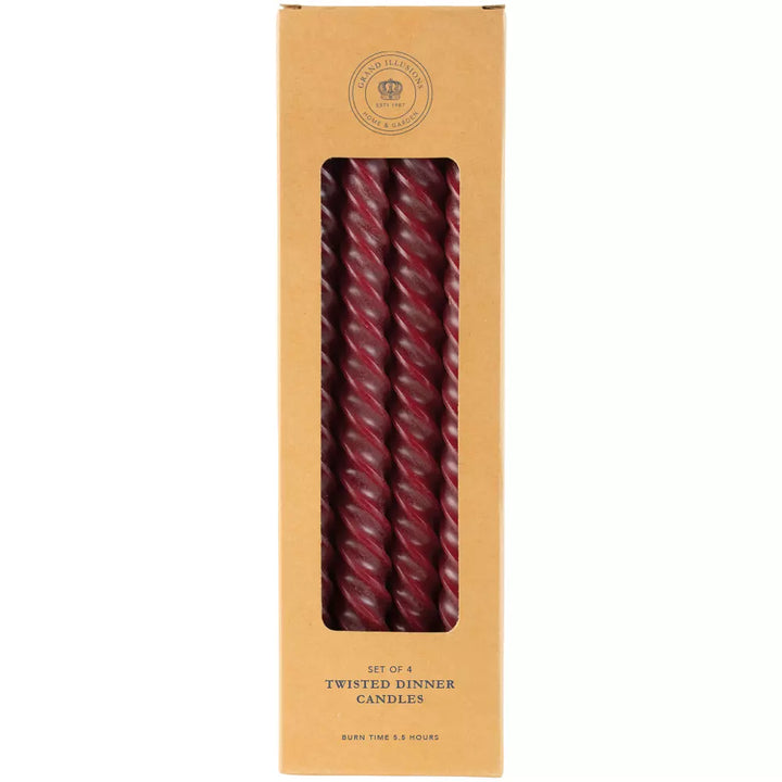 Set of four twisted plum red dinner candles in elegant packaging from Source for the Goose, Devon.