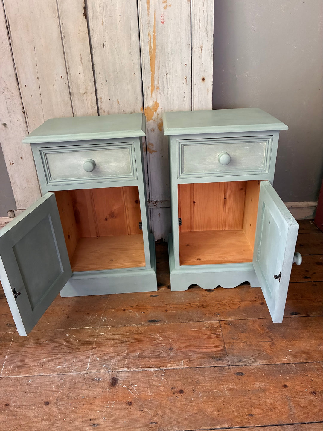 Pair of Painted Pine Bedside Cabinets in Scandi Blue with open drawers and cupboards, Source for the Goose Devon