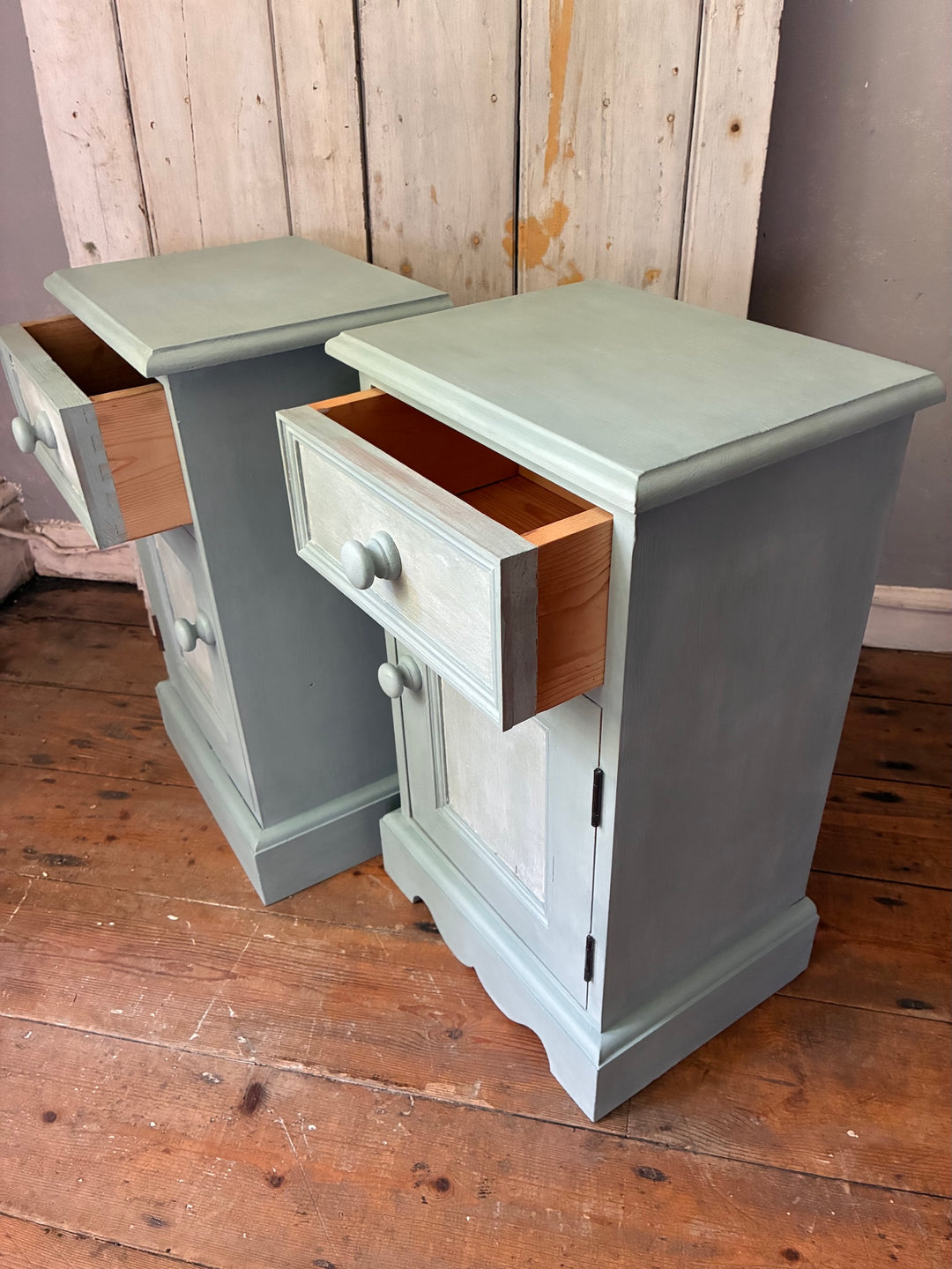 Pair of Painted Pine Bedside Cabinets in Scandi Blue with open drawers, perfect for bedroom storage from Source for the Goose Devon.