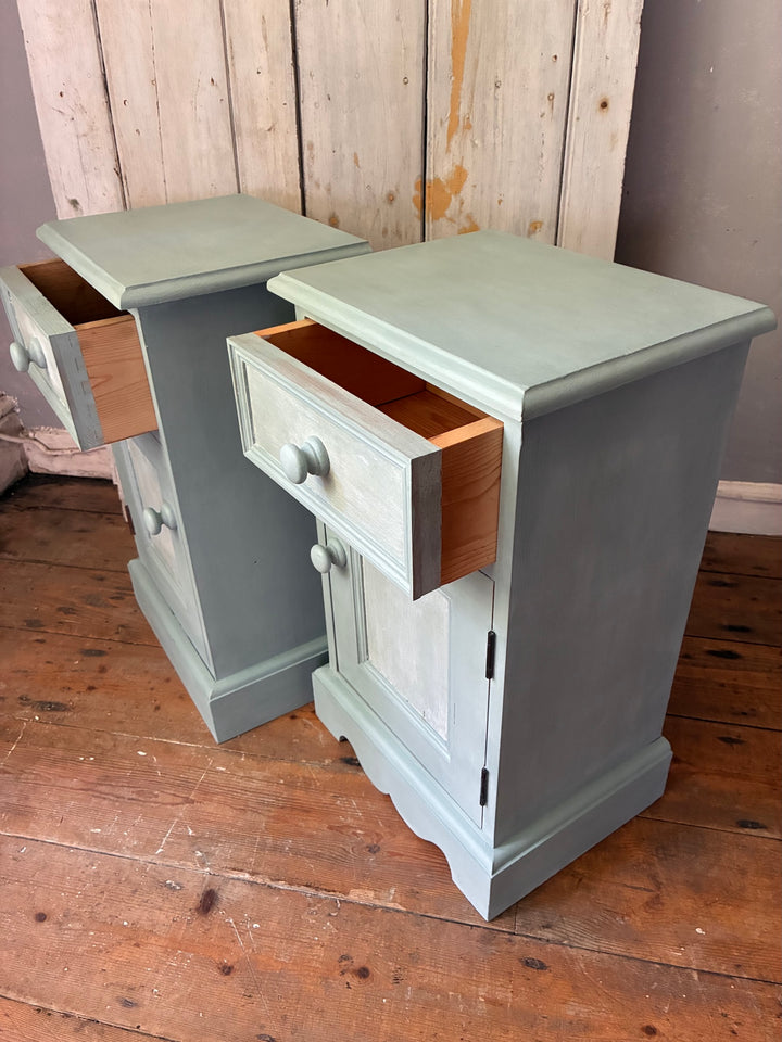 Pair of Painted Pine Bedside Cabinets in Scandi Blue with open drawers, perfect for bedroom storage from Source for the Goose Devon.