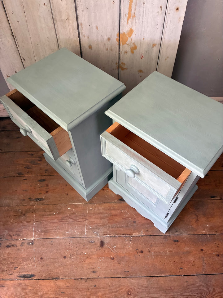 Pair of Painted Pine Bedside Cabinets in Scandi Blue showcasing soft blue finish and practical storage for bedrooms.