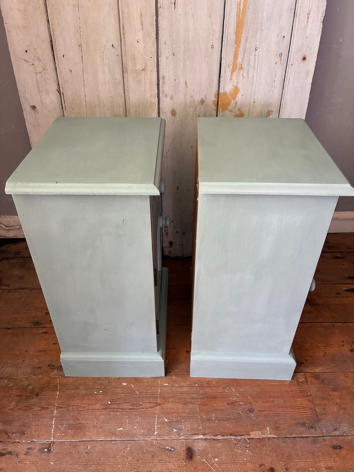 Pair of Painted Pine Bedside Cabinets in Scandi Blue showcasing soft blue finish and practical design for bedside storage.