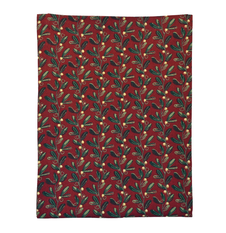 Under The Mistletoe Tablecloth featuring elegant mistletoe design in rich dark red and gold, perfect for festive styling.