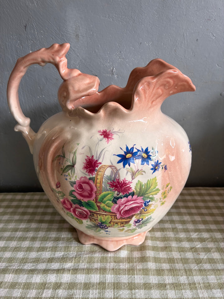 Vintage Victorian Ceramic Jug featuring detailed floral design and pink accents, perfect for elegant table centerpieces.