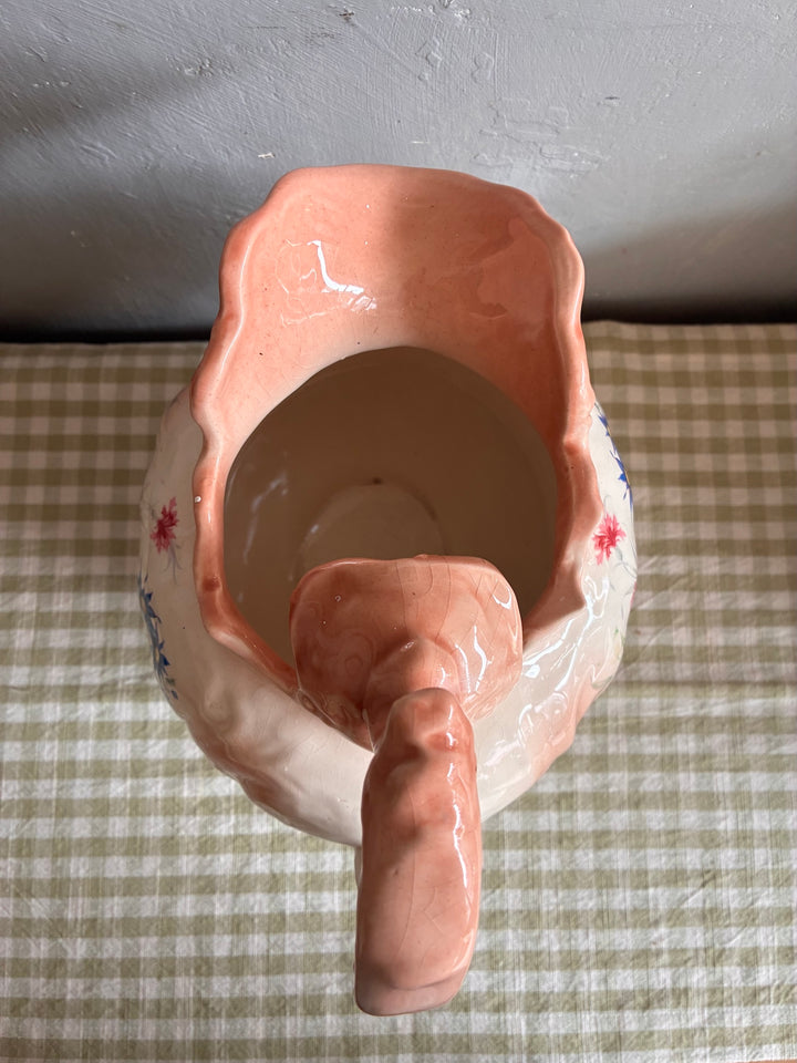 Vintage Victorian Ceramic Jug with pink handle and floral detailing, perfect for flower arrangements from Source for the Goose, Devon.