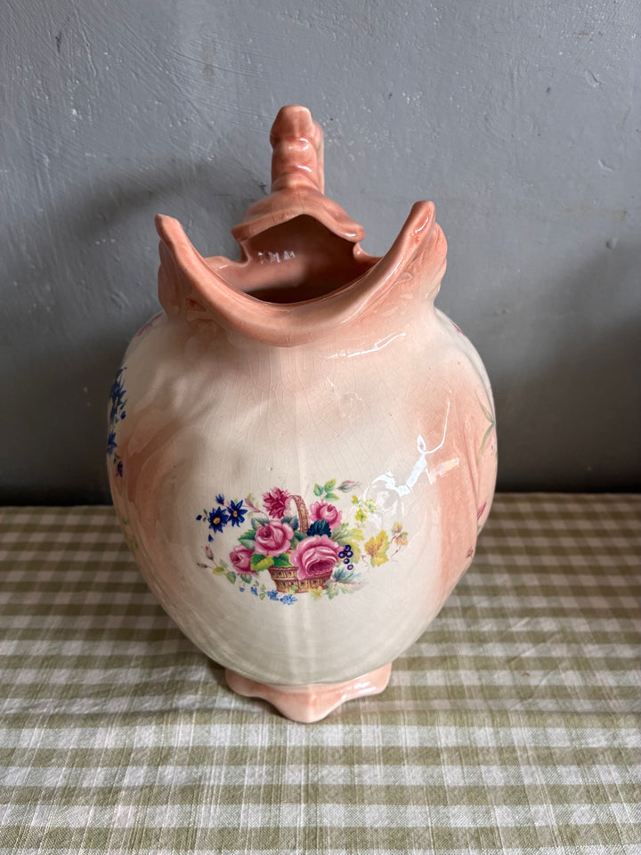 Vintage Victorian Ceramic Jug with old fashioned roses and pink handle, perfect for flower arrangements.