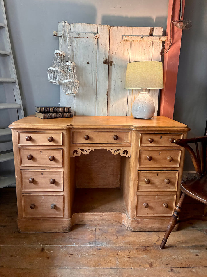 Victorian Antique Pine Pedestal Desk with drawers and carved panel, perfect for home office, Source for the Goose Devon.
