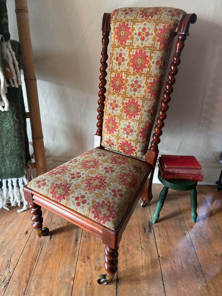Victorian Barley Twist Prayer Chair with tapestry fabric and rich rosewood detailing, ideal for a bedroom or hallway.