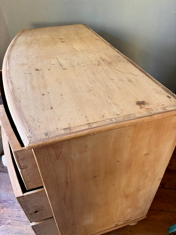 Antique Pine Bow Front Chest of Drawers top view showcasing rustic home style and authentic Victorian craftsmanship.