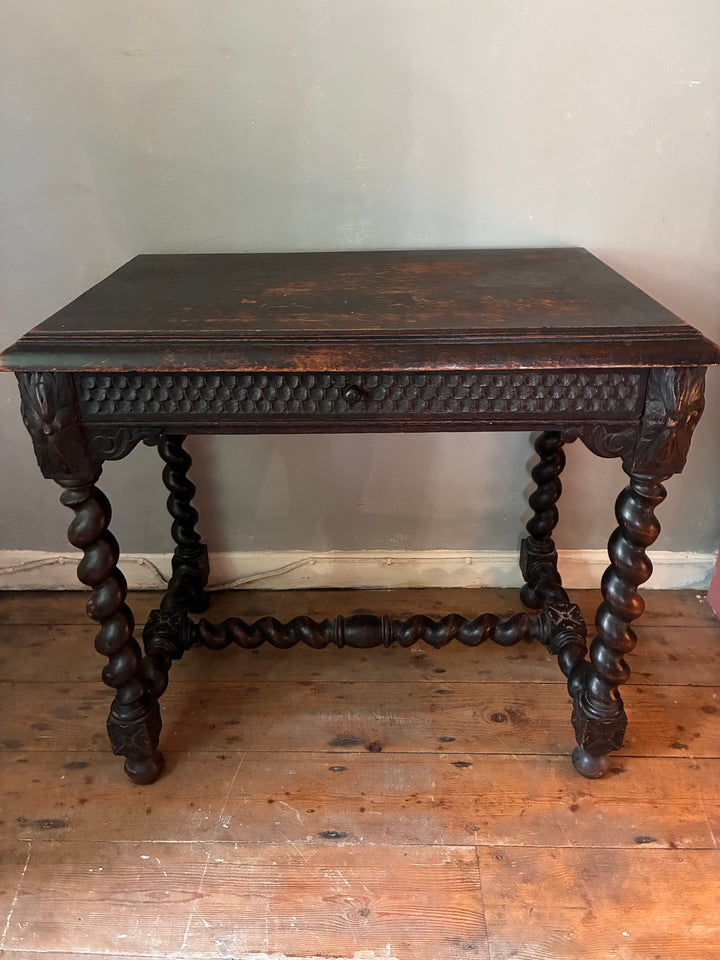 Victorian Oak Table with Barley Twist Legs featuring intricate carvings and rich patina, sourced from Devon.