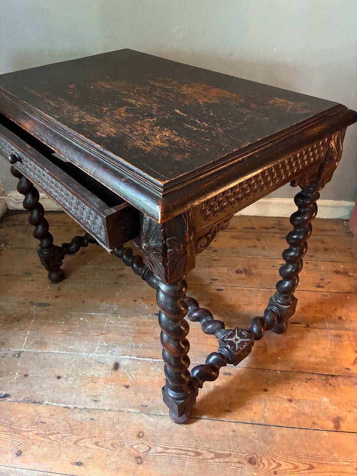 Victorian Oak Table with Barley Twist Legs showcasing carved drawer front and barley twist legs, full of character.