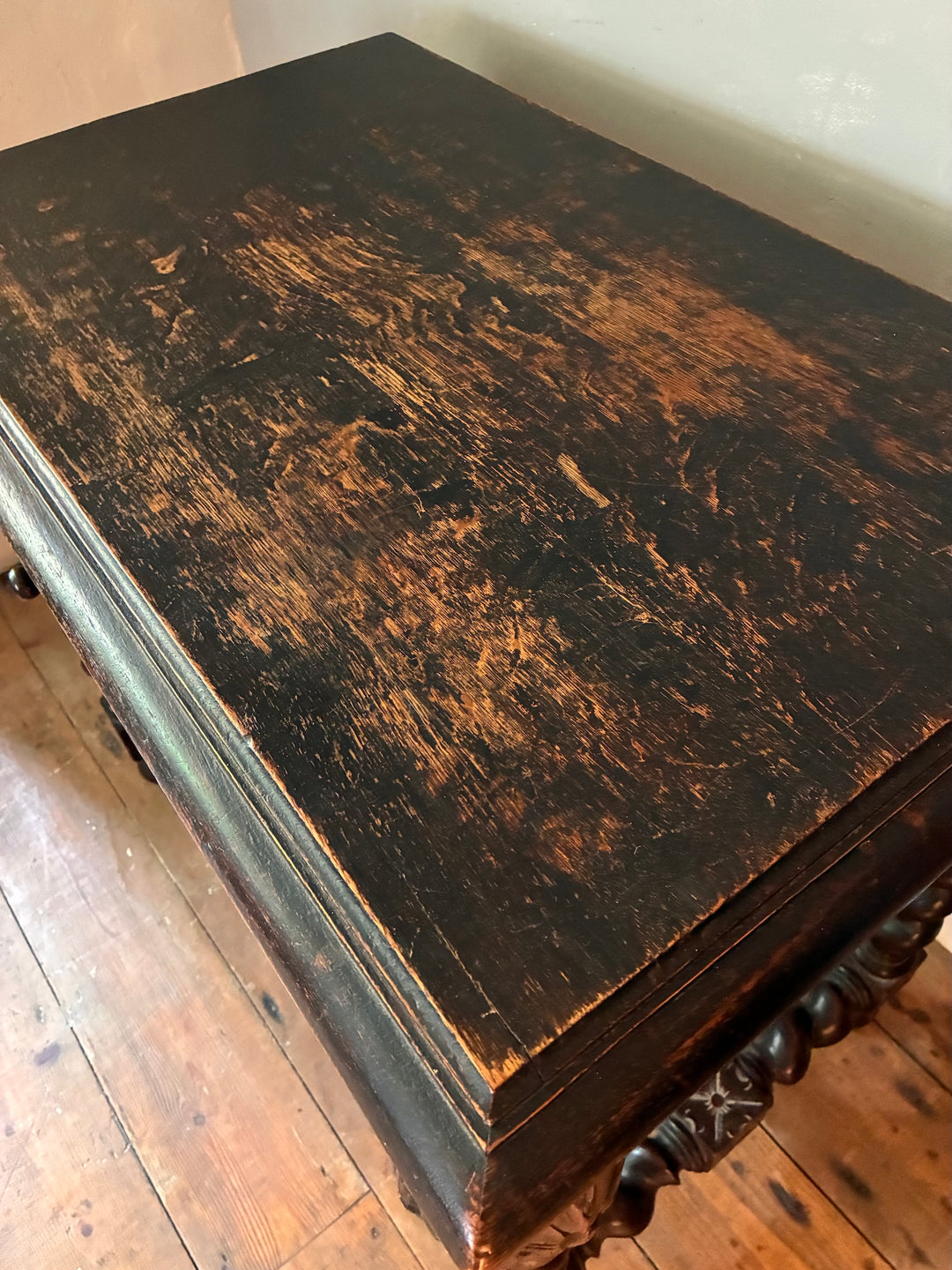 Victorian Oak Table with Barley Twist Legs showing detailed surface texture and rich patina.