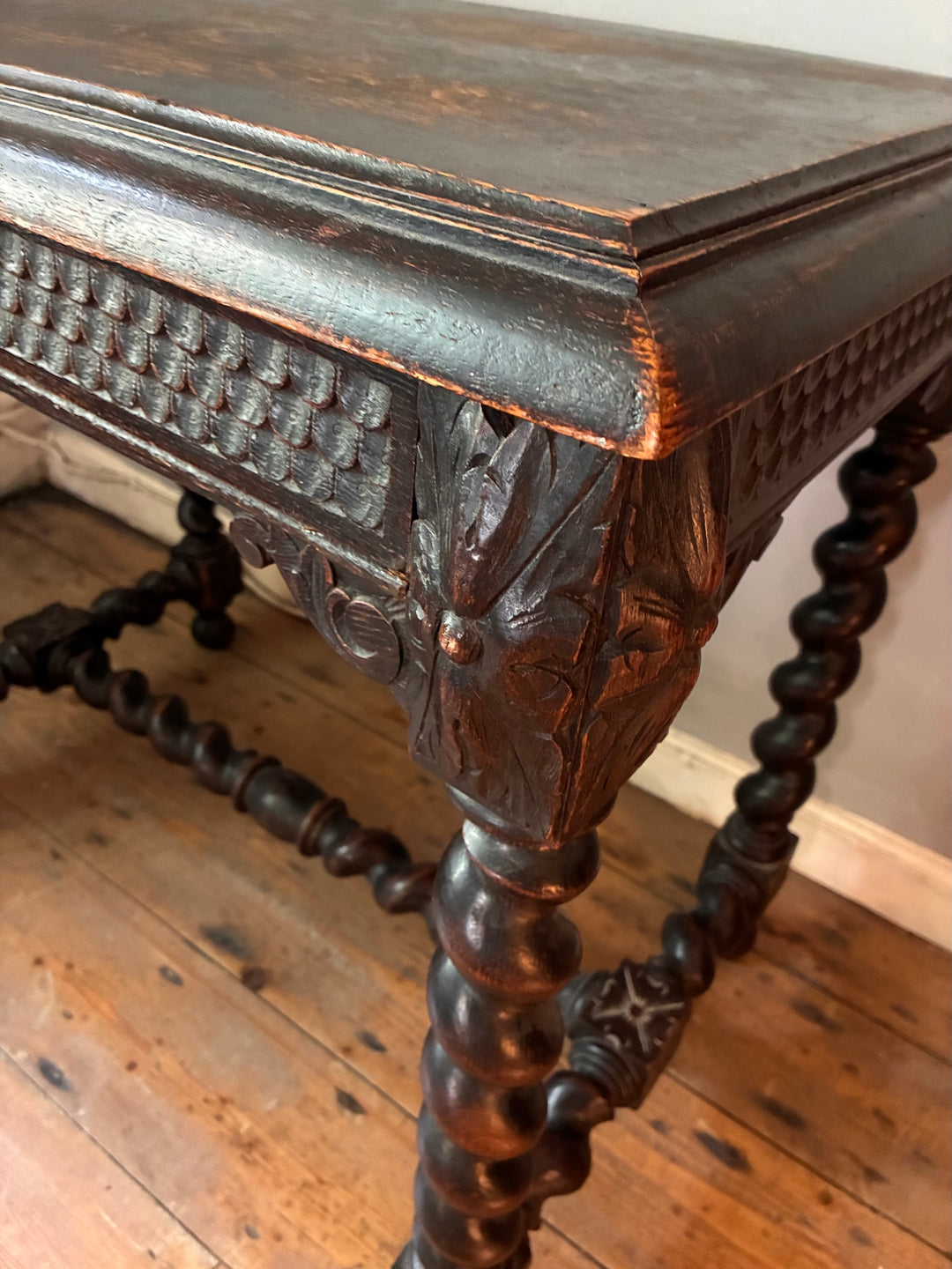 Victorian Oak Table with Barley Twist Legs showcasing carved drawer front and barley twist legs detail.