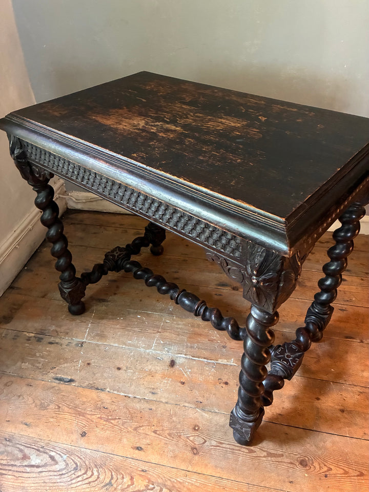 Victorian Oak Table with Barley Twist Legs featuring intricate detailing and a rich patina, source for the Goose Devon.