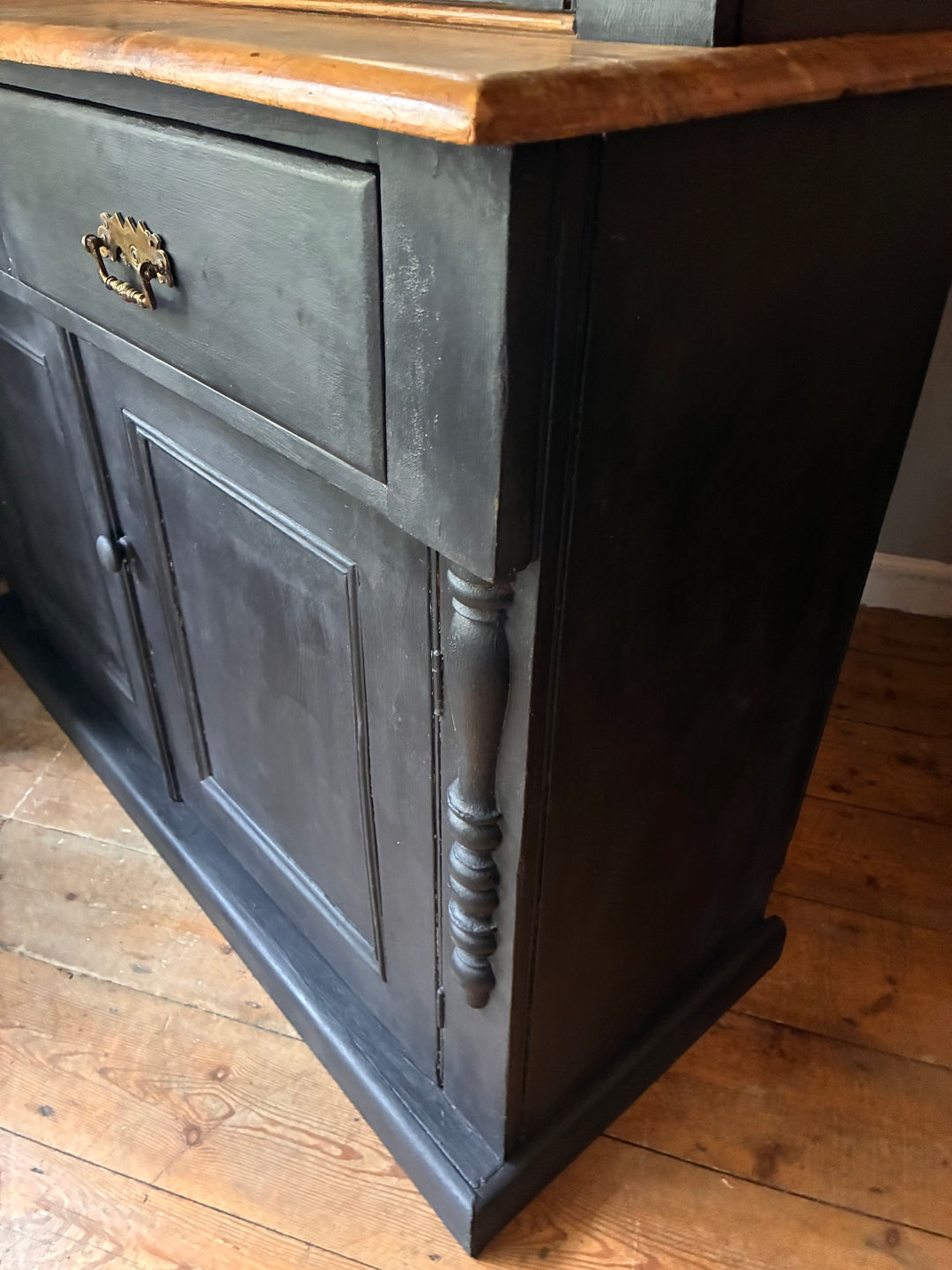 Ebonised Victorian Pine Dresser with rustic detailing and glazed top, by Source for the Goose, Devon.
